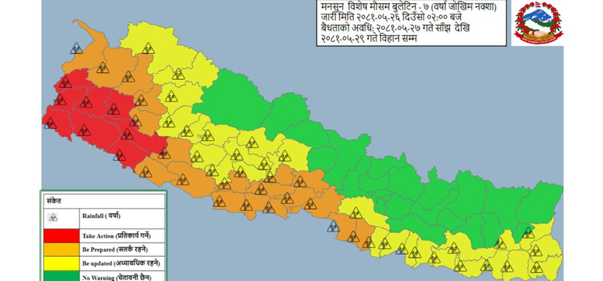 बिहीबार साँझदेखि शनिबारसम्म भारी वर्षा हुने, सतर्कता अपनाउन आग्रह